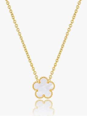 Gold Clover Pendant Necklace with White Inlay